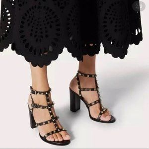 Valentino Block Heel Black Gold Studded Strappy Shoes